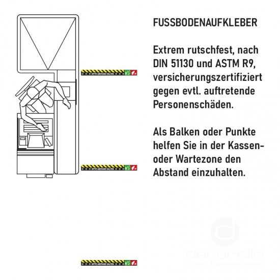Hightech Aufkleber mit extrem rutschfester Oberfläche nach DIN 51130 und ASTM R9Abstand Wartemarkierung Fussbodenaufkleber mit Logoeindruck Abstand Wartemarkierung Fussbodenaufkleber mit Logoeindruck